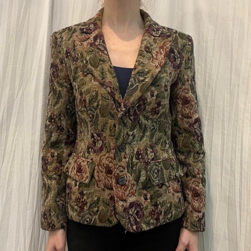 Green Earth Tones Floral Tapestry Upholstery Blazer Vintage 90s‎ Boho